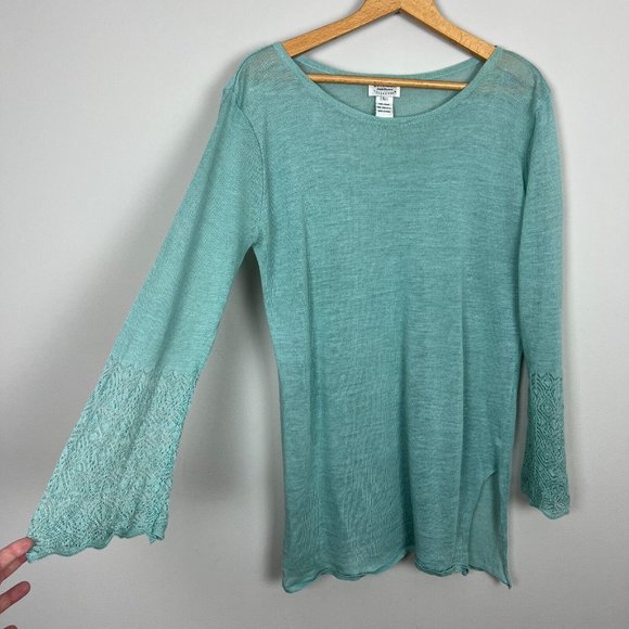 Citron Santa Monica Tunic Top Large Seafoam Green Knit Long Bell Sleeve Crochet‎ - Picture 3 of 13